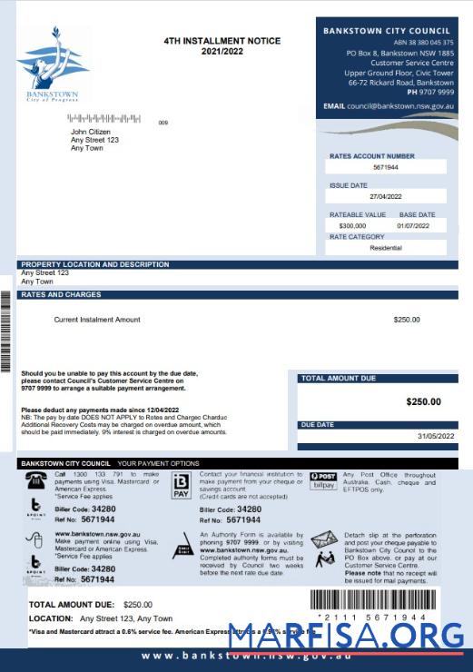 Printable Australia NSW Bankstown City Council utility bill sample